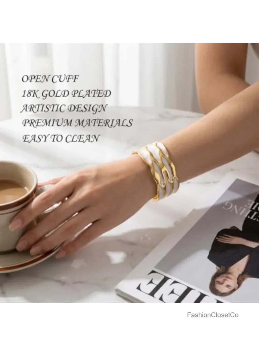 18K Gold Plated White Enamel Cuff Bracelet for Women